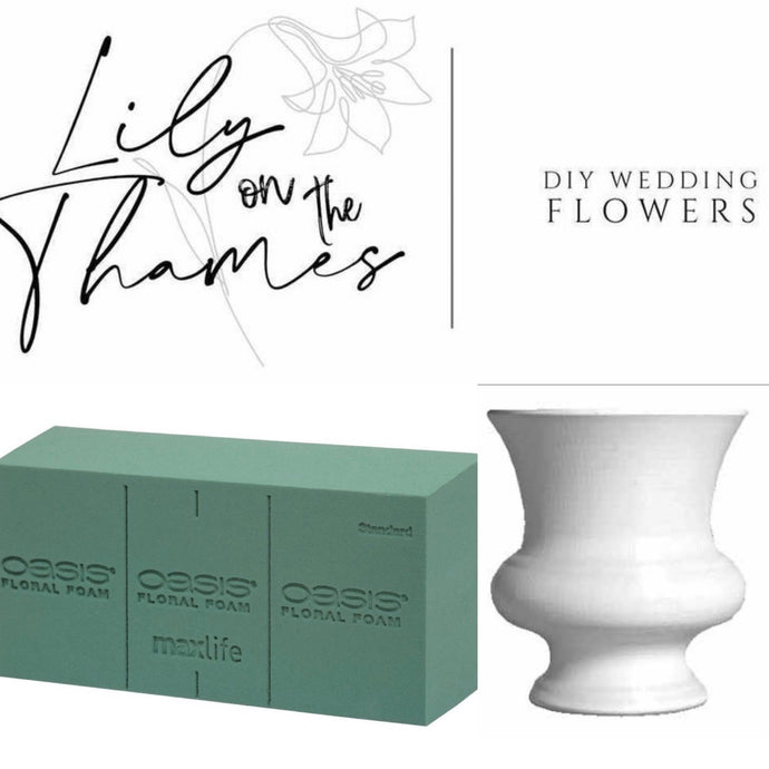 Ceremony Urn Supplies Lily on the Thames - DIY Wedding Flowers Included is 2 pieces of Flower Foam and 2 white (paintable) 9.5 inch diameter Ceremony Urns If you've ordered the LARGE package, or extra ceremony flowers. These are the supplies you need to a