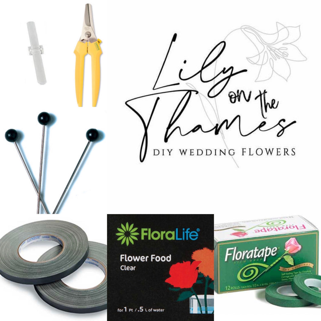 Supplies and Tools Package Lily on the Thames - DIY Wedding Flowers Included are supplies to help you create your design: Bunch cutters Stem Tape Waterproof tape 4 corsage wristlets 30 boutonnière pins (two needed per boutonnière) ***ONLY AVAILABLE AS AN
